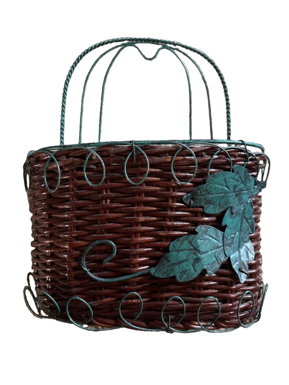 Brown Wicker Hanging Basket Green Patina Metal Leaves Cottagecore Farmhouse